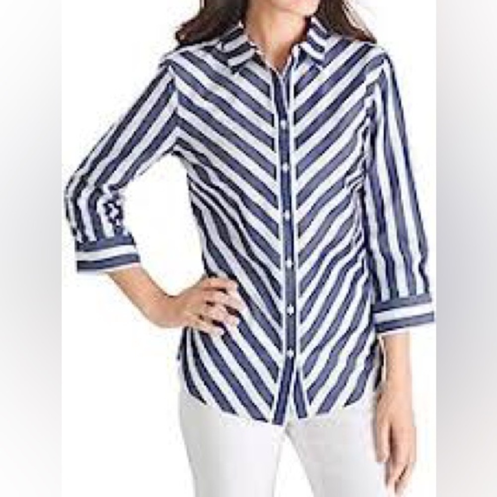 CHICOS No-Iron Petite Cotton Striped Stain Shield Shirt